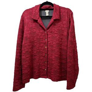 J Jill Womens Button Up Shirt Shacket L Red Thick Stretch Embroidered Textured